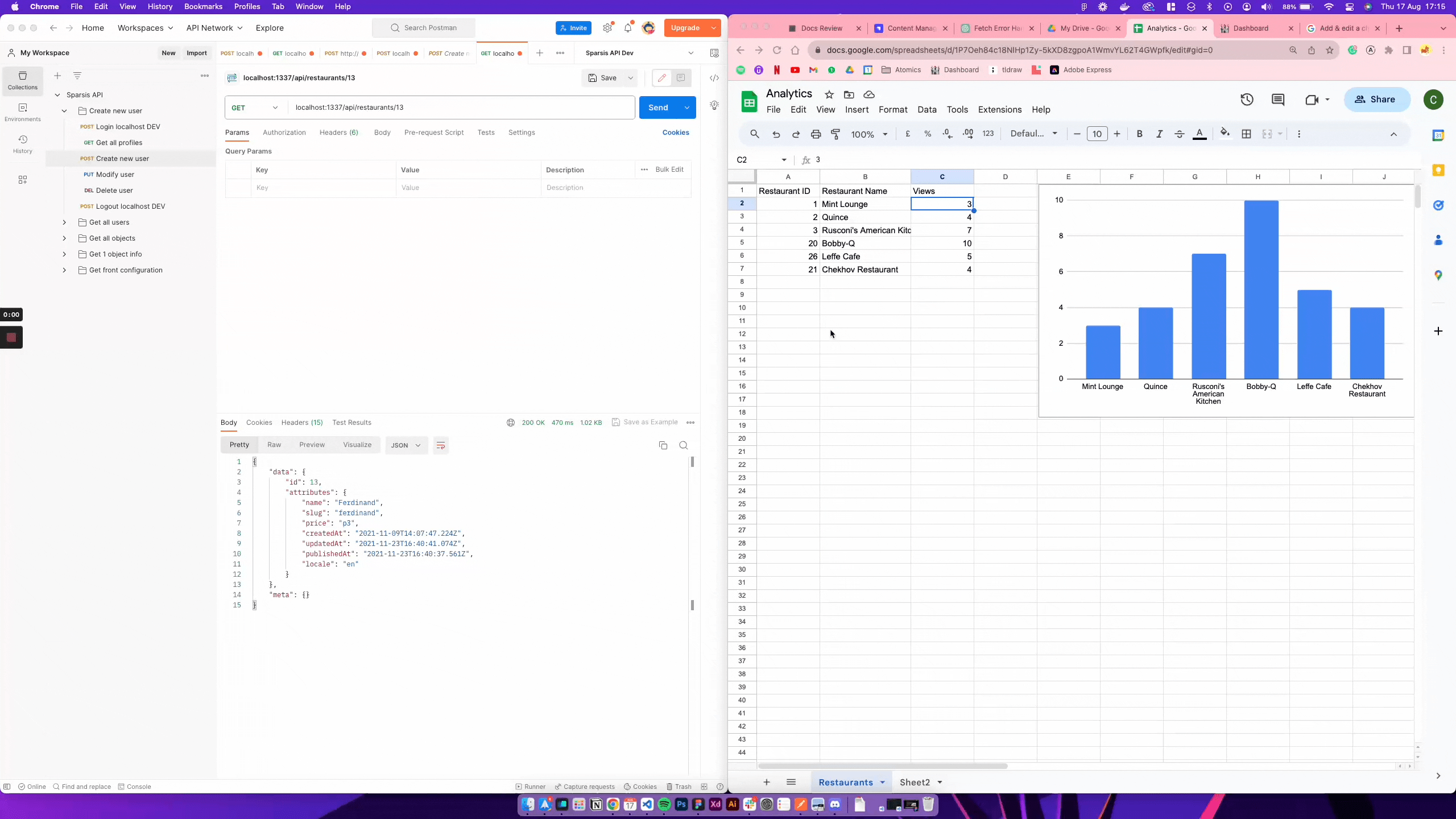 Visiting a restaurant page updates the Google Sheets spreadsheet