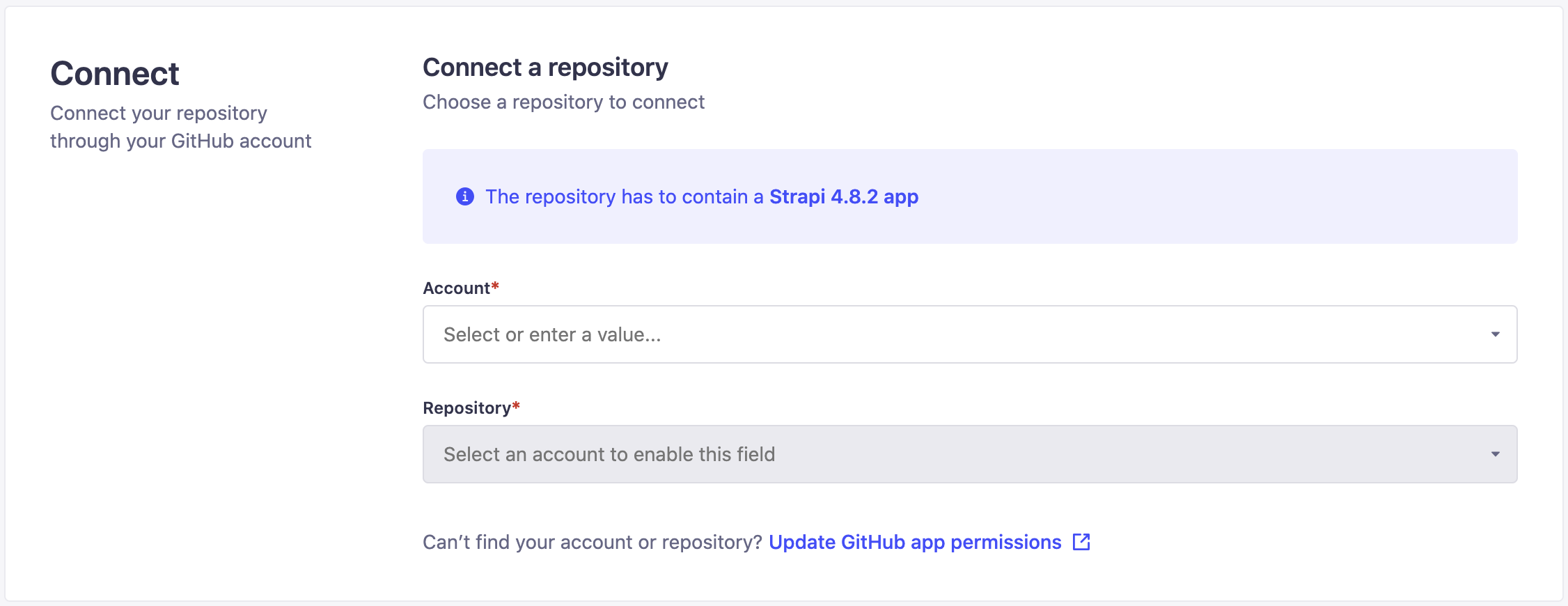 Selecting GitHub account and repository