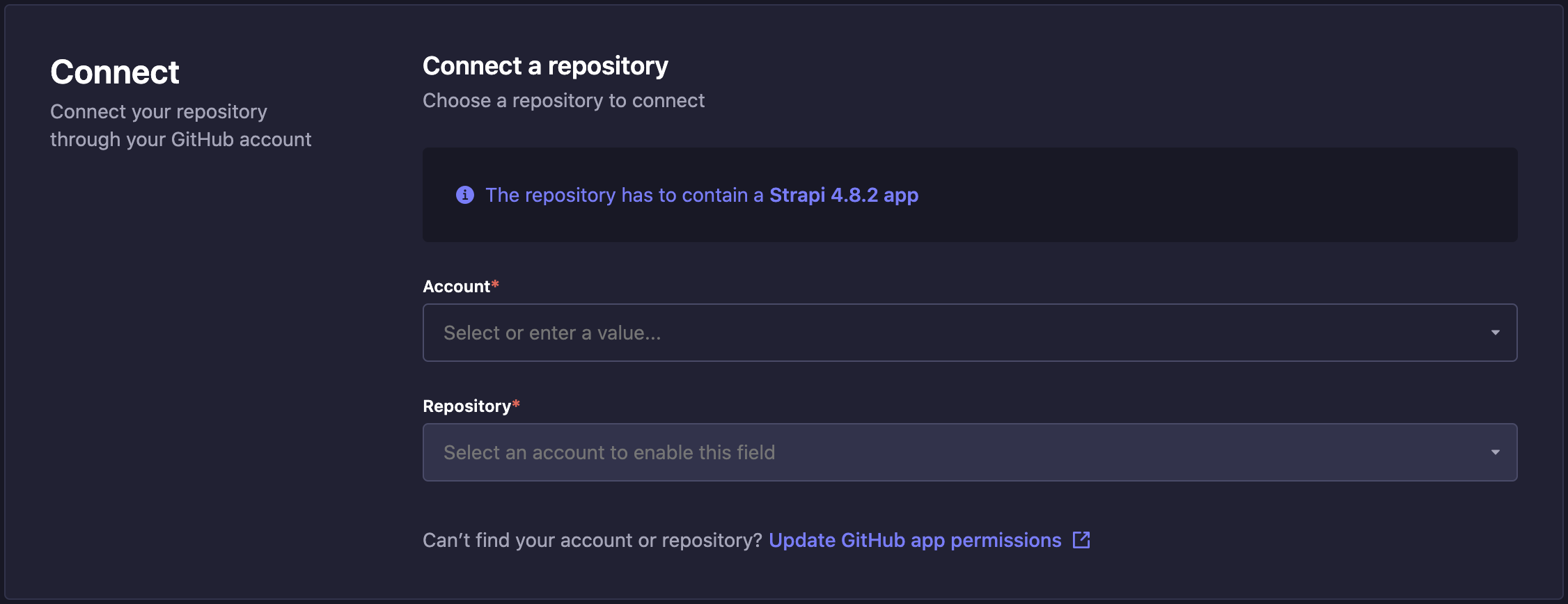 Selecting GitHub account and repository
