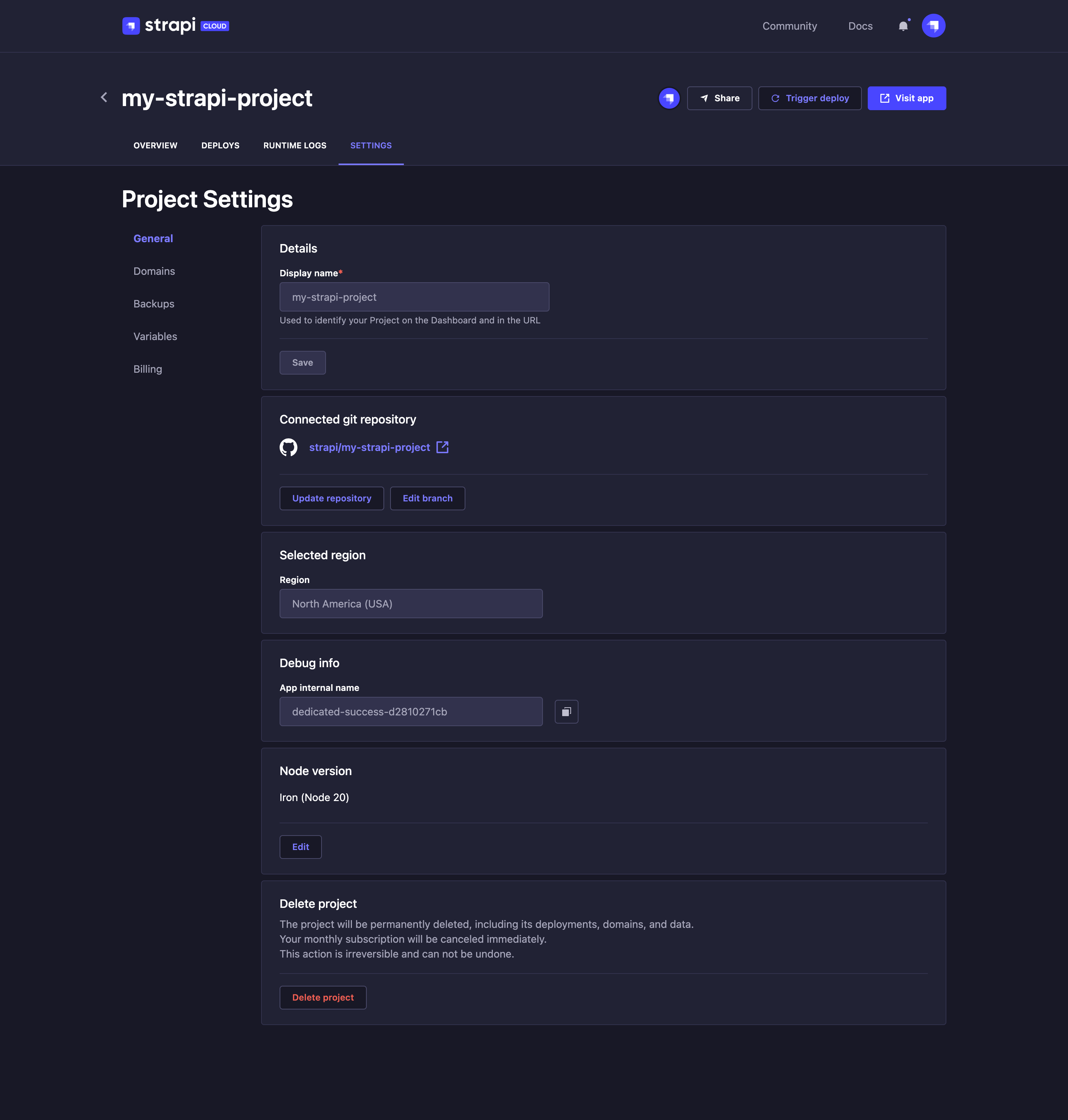 Project settings page