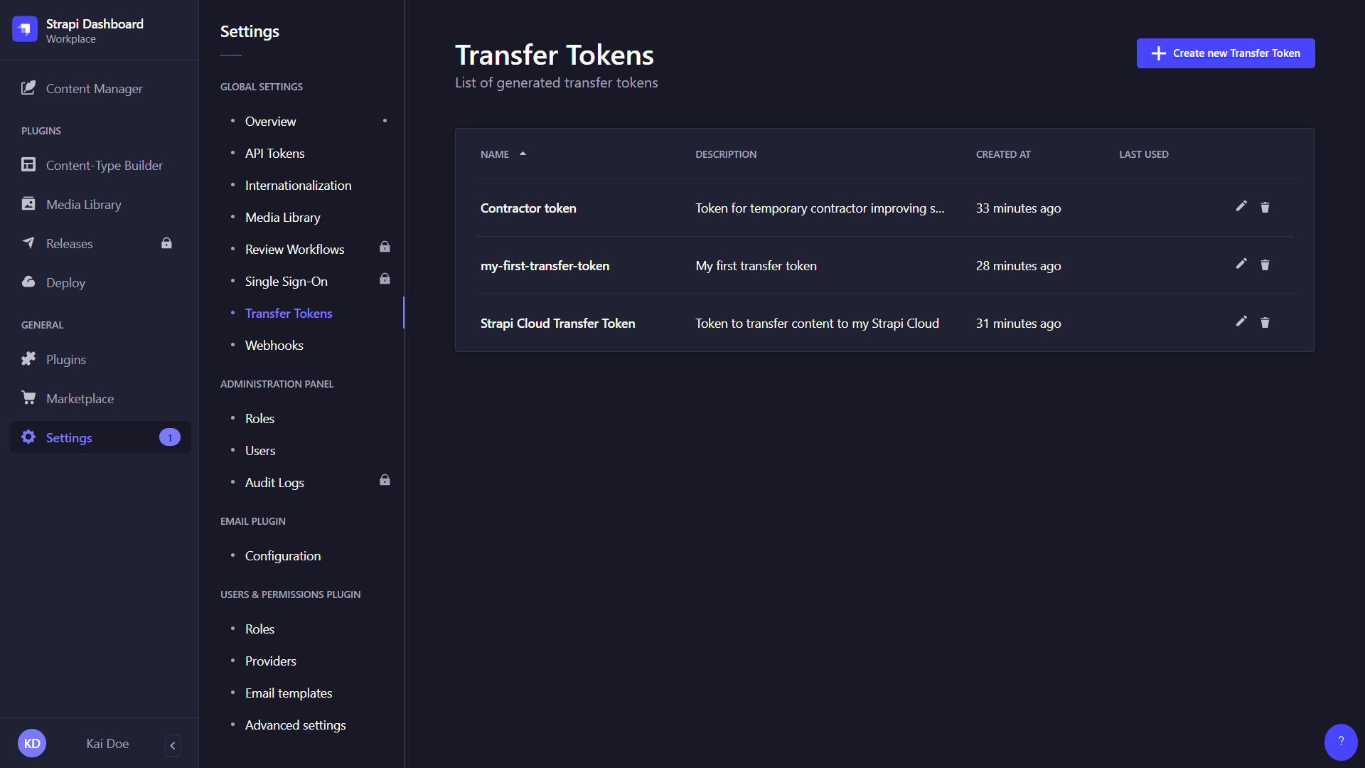 Transfer tokens