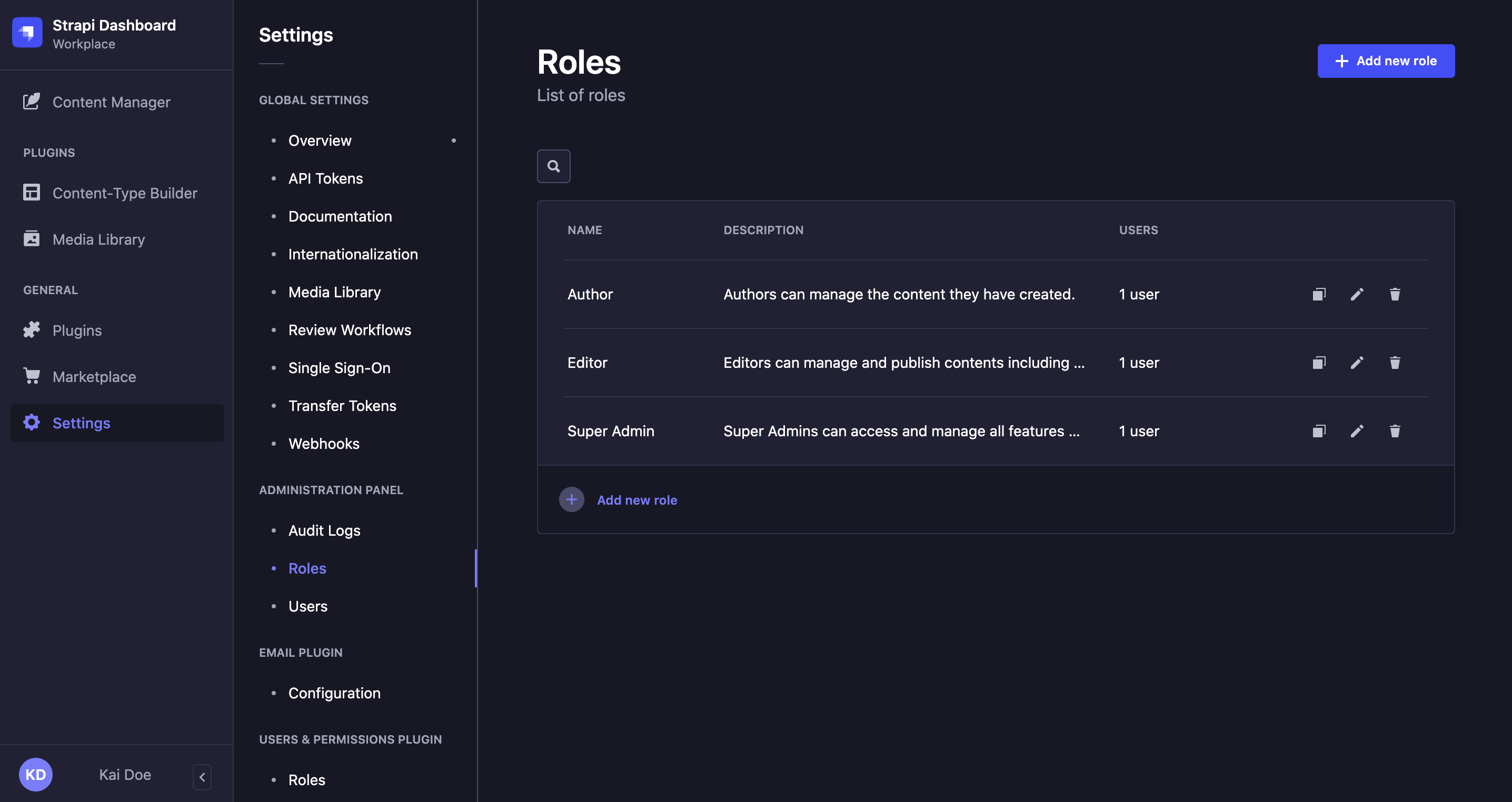 Administrator roles interface