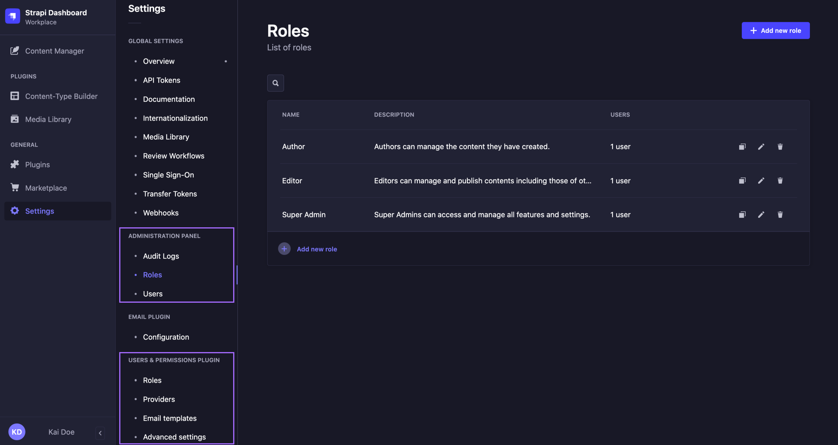 Users, permissions and roles settings